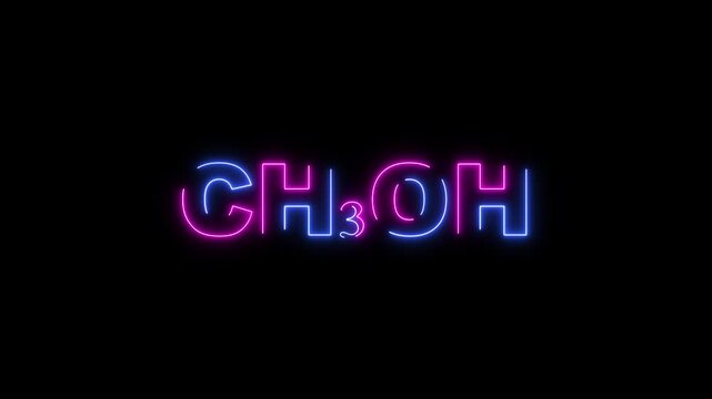 Neon chemical formula C H3 OH in blue and pink on black background CH3OH methanol