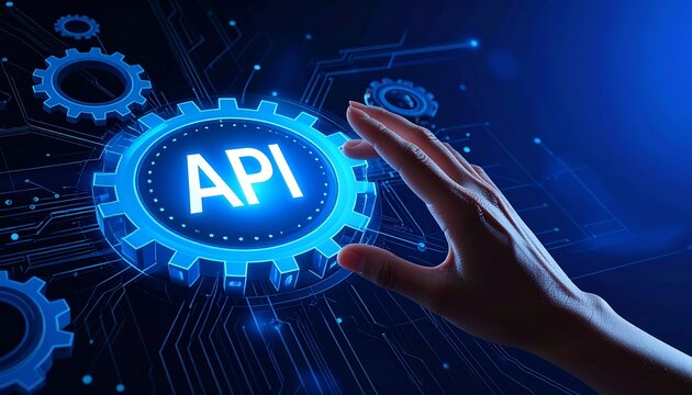 A hand touches a digital interface displaying 'API', surrounded by gears and circuitry, evoking tech and data - Powered by Adobe