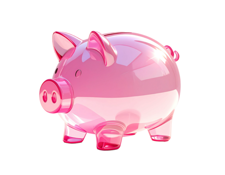 A translucent, rosy-pink piggy bank, rendered in a glossy, 3D style, sits against a black background, showcasing a smooth, almost glass-like texture - Powered by Adobe