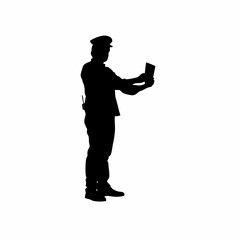 Parole officer silhouette checking electronic monitoring device on white background
