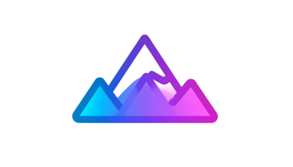 Stylized gradient mountains; vibrant blue, purple, pink hues;  white peak; outlined in dark neon