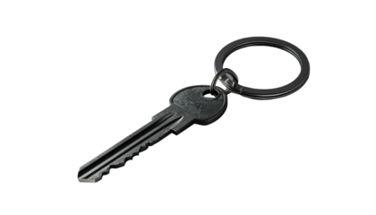 A dark grey metal key attached to a simple, circular keyring, angled slightly to the right against a black background