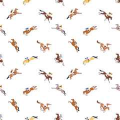 Seamless colorful pattern of jockeys riding horses in dynamic racing and jumping poses on white background