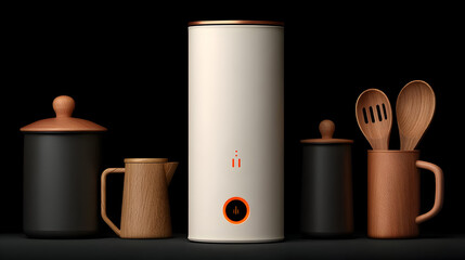 gadget glowing with smart interface placed beside modern cooking utensils