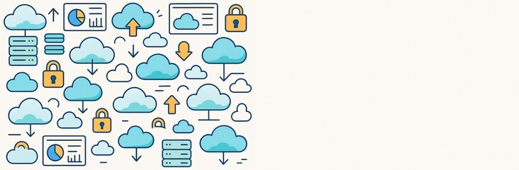 Obraz premium Cloud computing background with technology icons on left and blank copy space on right for design or banner template layout concept illustration. Ai generative