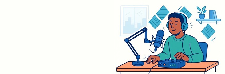 Cartoon illustration of a cheerful podcast host recording audio in studio with microphone and headphones, on white background with copy space. Ai generative