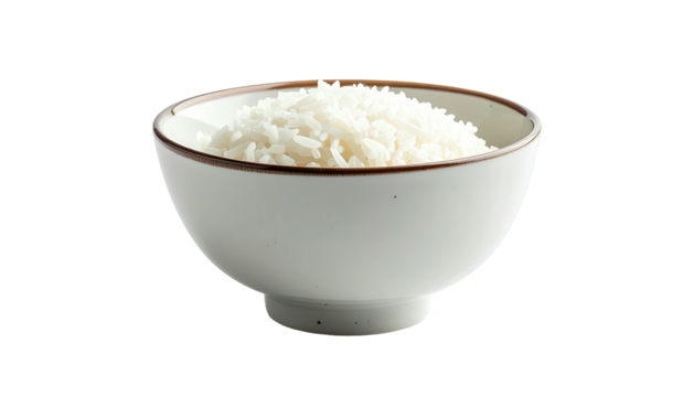A bowl of fluffy white rice, served in a simple, off-white bowl with a subtle brown rim.  The rice is piled slightly in the center