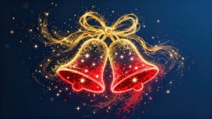Sparkling Golden and Red Christmas Bells with Bow on Blue Background