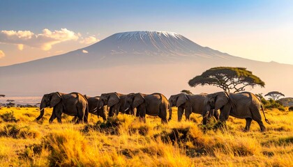 African Elephants near Mount Kilimanjaro at Sunset