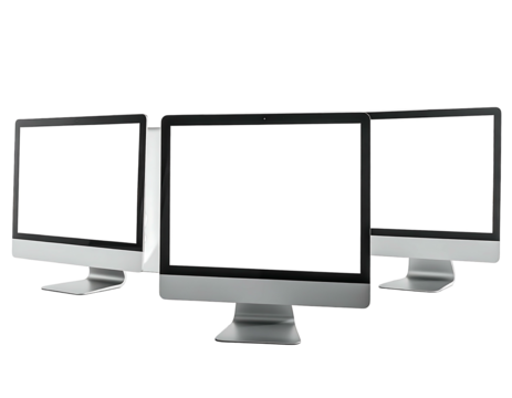 Three sleek, silver desktop computers with blank white screens, arranged slightly offset, showcasing modern design and connectivity
