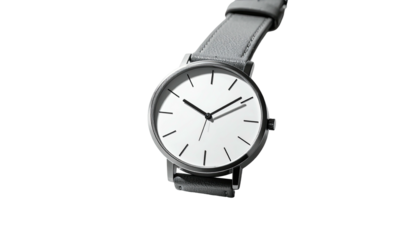 Minimalist wristwatch with a white face, black hands, and a gray leather strap, subtly angled against a black background