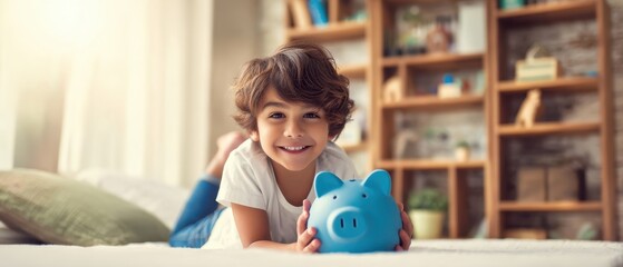 The cheerful child happily playing with a blue piggy bank at home.