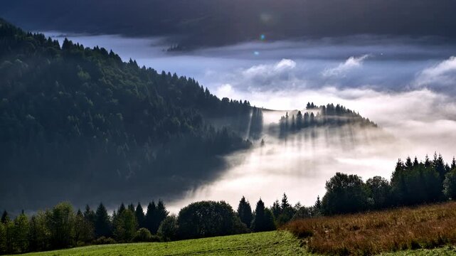 Timelapse of drifting fog over green meadow and wooded hills