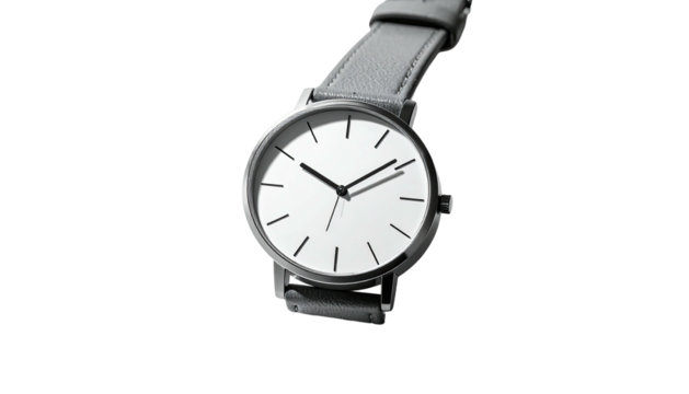 Minimalist wristwatch with a white face, black hands, and a gray leather strap, subtly angled against a black background