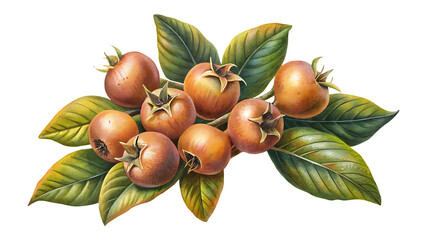 Watercolor illustration of medlar fruits with green leaves on a branch
