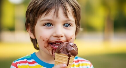 Naklejka premium Child enjoying delicious chocolate ice cream cone with joyful expression