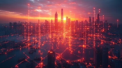 Futuristic city skyline at sunset with digital network overlay creating a vibrant and dynamic cityscape