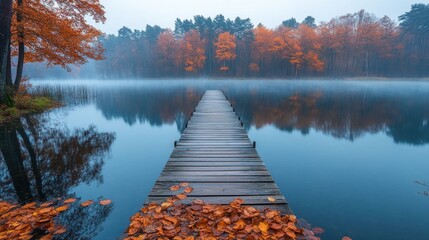 A serene autumn landscape featuring a wooden pier stretching into a misty lake with colorful foliage reflecting in the tranquil water