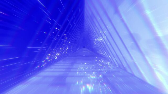The flying through looped animation of the futuristic glowing and lighting blue color hyper loop immersive corridor created by 3D modeling procedural materials and objects for sci-fi beaut background.