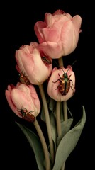 Vibrant pink tulips feature colorful beetles resting on petals, highlighting the delicate textures and rich colors of nature in a striking dark backdrop