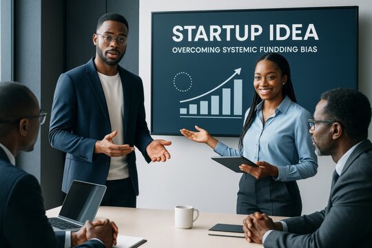 Business professionals presenting startup idea addressing funding bias in modern office meeting room with infographic on light background. Ai generative