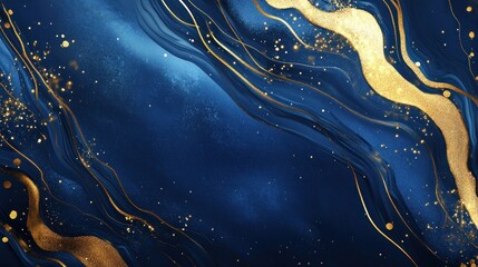 Elegant abstract background with flowing dark blue shades and golden glittering accents