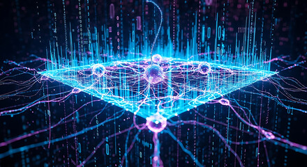 Abstract representation of digital data with glowing nodes and binary code streams ai generated