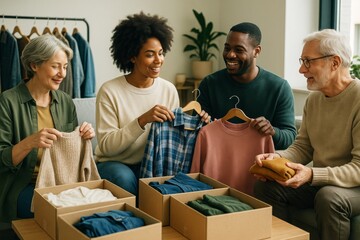 Group of diverse people sorting clothes together in a cozy room with light background, promoting social connection and creative collaboration. Ai generative