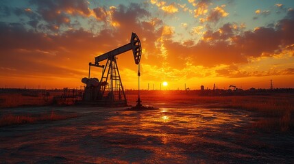 Dramatic Sunset Over Oil Field with Pump Jack Silhouette and Golden Hues