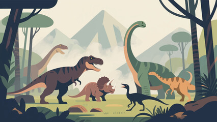 Illustration Of Various Dinosaurs In A Prehistoric Forest With A Smoky Mountain Background Vector Design Template © BedRoses