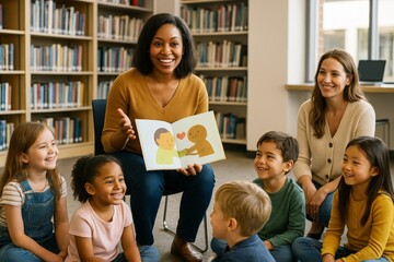 Smiling teacher reading a colorful picture book to diverse group of young children during storytime in a bright library setting with bookshelves. Ai generative