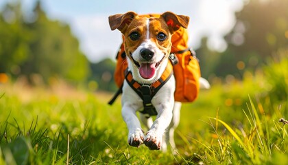 Happy dog running in a field with a backpack