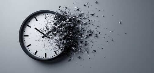 The clock shatters into fragments, symbolizing the fragility of time.