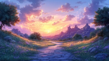 Enchanting Landscape Painting, A Serene Path to a Distant Castle at Sunset