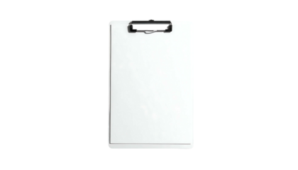 A clean, white clipboard with a simple black clip at the top, isolated on a black background; ready for notes or paperwork