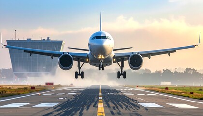 Airplane landing on runway at sunrise