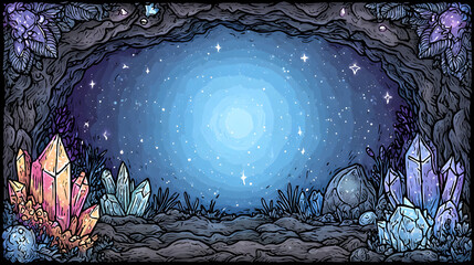 cave with glowing crystals, sparkling gems, stalactites, and magical shimmering light