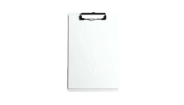 A clean, white clipboard with a simple black clip at the top, isolated on a black background; ready for notes or paperwork