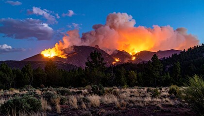 Fiery sunset over mountain range engulfed in wildfire