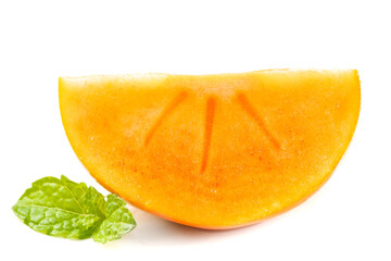 Fresh Persimmon Slice with Mint Leaves on White Background - Autumn Fruit Photography