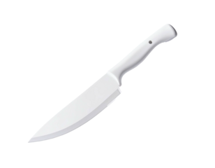 A matte-white, plastic chef's knife with a slightly curved blade and ergonomic handle, isolated on a black background