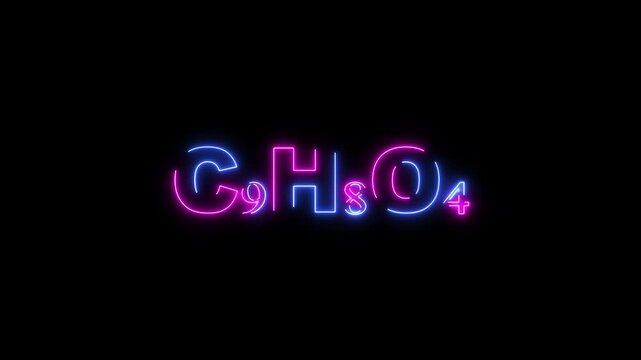 Neon chemical formula C9 H8 O4 glowing on black background C9H8O4 science