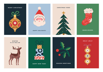 Christmas posters set. Festive greeting cards, winter holiday postcards with typography, retro Xmas ornament, fir tree with baubles, Santa Claus, gifts and reindeer. Flat vector illustration set