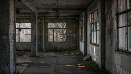 Abandoned Industrial Building Interior with Nature's Touch