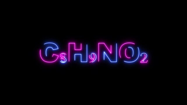 Neon chemical formula C8 H9 N O2 glowing in blue and pink on black C8H9NO2 science