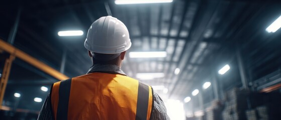 The construction worker contemplating the future in an industrial warehouse setting.