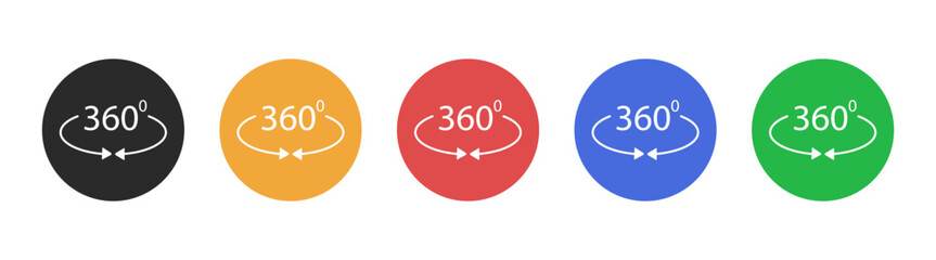 360 degree arrow and circle icon set with rotation, panorama, and virtual view. Vector graphics with technology concept, video coverage, and camera elements on transparent background.