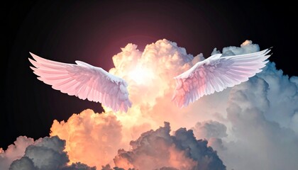 Pair of angel wings against a vibrant sunset sky