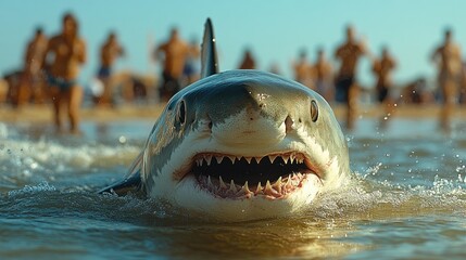 Great White Shark Emerging from Ocean with Running People on Beach