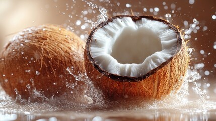 Fresh Coconut Halves Splashed with Water, Exotic and Refreshing Drink